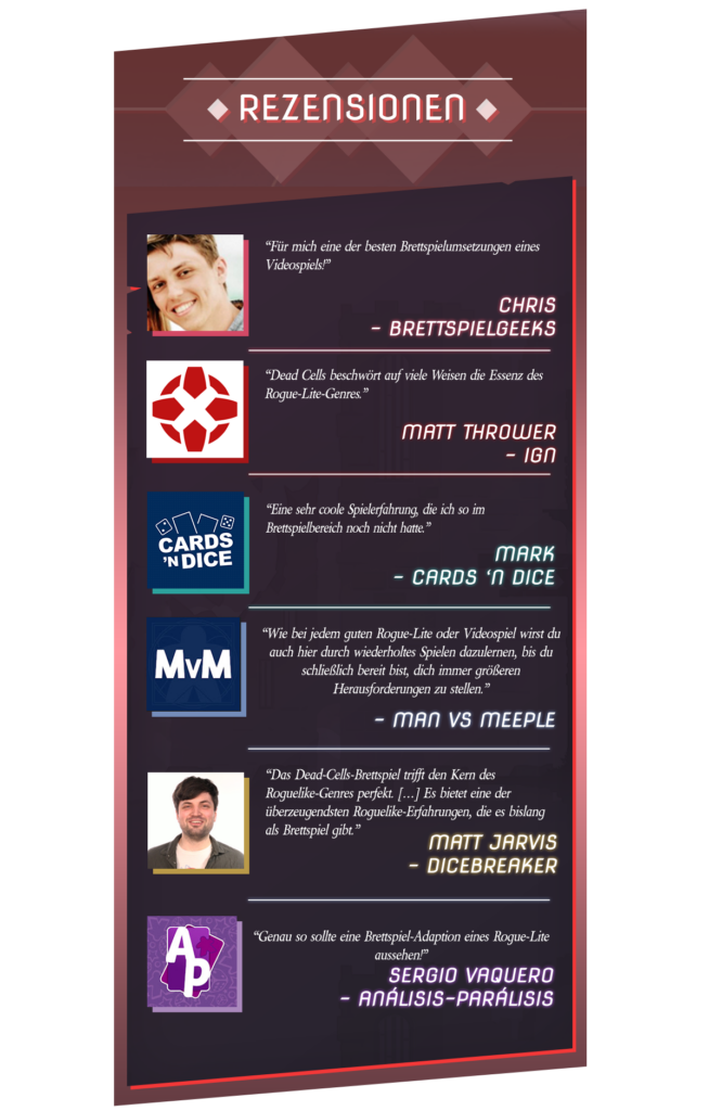 Ein vertikal ausgerichtetes Poster mit dem Titel "Rezensionen" oben. Darunter befinden sich fünf jeweils in einem Kasten hervorgehobene Zitate von verschiedenen Rezensenten. Links sind Bilder oder Logos der Rezensenten. Die Zitate loben ein Brettspiel, basierend auf einem Videospiel, für seine beeindruckende Umsetzung des Rogue-Lite-Genres und heben die Spielerfahrung hervor. Ganz unten ist ein violettes Logo mit den Buchstaben "AP".
