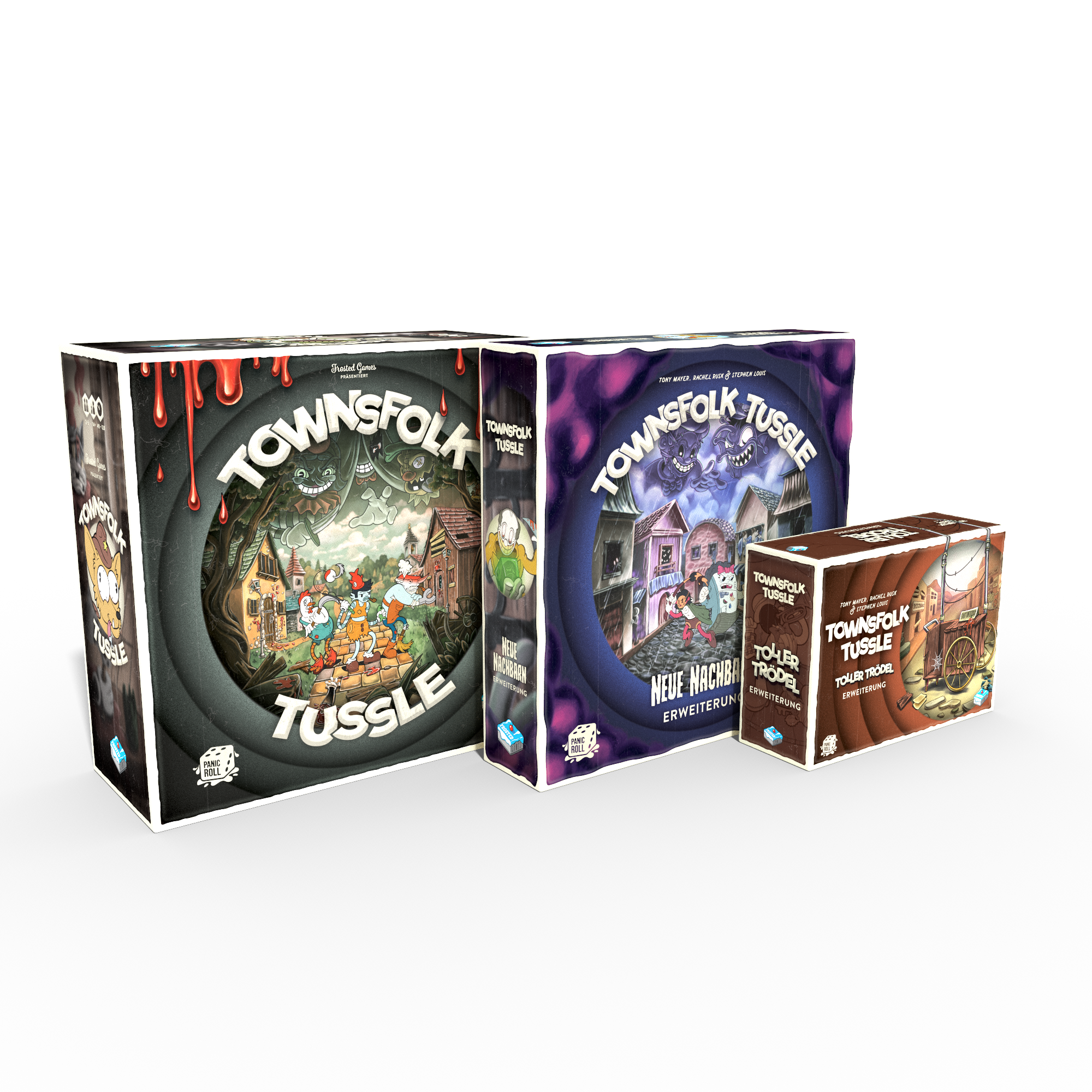 Drei Spieleschachteln des Brettspiels „Townsfolk Tussle“ vor schwarzem Hintergrund. Links die Hauptschachtel mit einem Comic-Illustrationsstil, der eine Stadt und Charaktere zeigt. In der Mitte eine Erweiterung mit dem Titel „Neue Nachbarn“, ebenfalls mit einer städtischen Szene. Rechts eine kleinere Erweiterung namens „Toller Trottel“ mit Wagenmotiv. Jede Schachtel zeigt fantasievolle und bunte Kunstwerke.