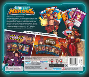 Ein farbenfrohes Kartenspiel-Cover von "One-Hit Heroes" mit Cartoon-Helden. Im oberen Abschnitt sind Kartencharaktere abgebildet, die heroisch posieren. Darunter sind zwei thematische Episoden "Die Fabrik" und "Der Neue Westen" dargestellt. Der Text beschreibt ein kooperatives Spielsetting, in dem Spieler böse Gegner bekämpfen. Verschiedene Symbole zeigen, dass das Spiel für 2-4 Spieler geeignet ist, etwa 60 Minuten dauert und für Spieler ab 10 Jahren empfohlen wird.