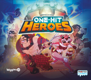Ein farbenfrohes Cover des Spiels "One-Hit Heroes" zeigt eine Gruppe von vier dynamisch posierten, stilisierten Charakteren in heroischer Kleidung. Im Hintergrund erheben sich große mechanische Kreaturen. Der Titel des Spiels ist in großen, leuchtenden Buchstaben in der Mitte des Bildes platziert. Links unten sind die Logos von "Wiggles 3D" und "Frosted Games" zu sehen.