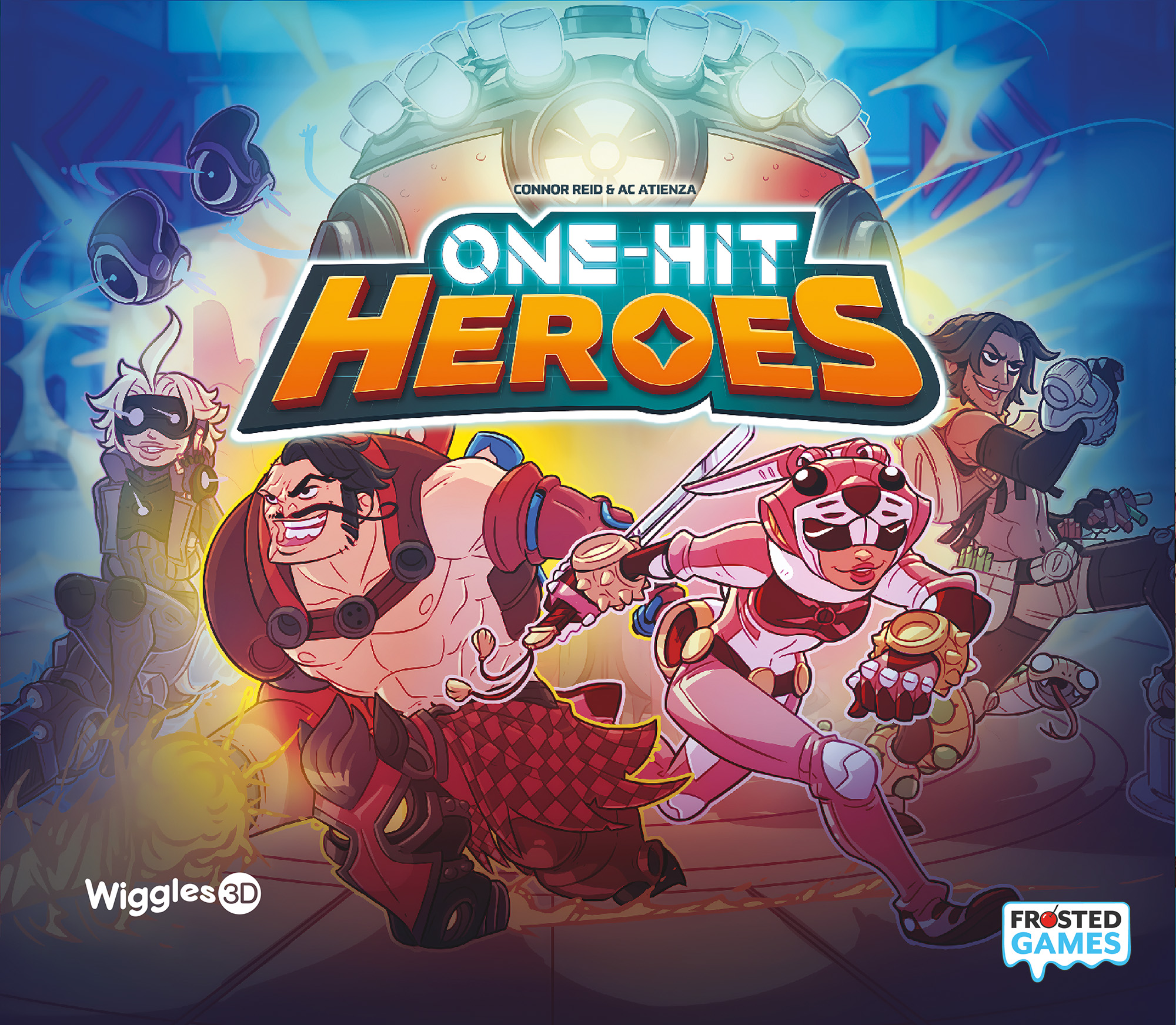 Illustration von vier bunten, comicartigen Charakteren in dynamischen Posen auf dem Cover von "One-Hit Heroes". Der Titel in großen, leuchtenden Buchstaben ist zentral platziert. Im Hintergrund sind leuchtende Effekte und ein großer Roboterkopf zu sehen. Zwei Logos von "Wiggles3D" und "Frosted Games" befinden sich unten in den Ecken.