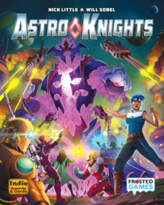 Ein farbenfrohes, actionreiches Cover des Brettspiels "Astro Knights". Im Mittelpunkt steht ein riesiges, bedrohliches Monster mit lila Haut und Rüstung, das von strahlenden Licht- und Energiewellen umgeben ist. Um das Monster herum sieht man eine Gruppe von fünf mutigen Helden in futuristischer Kleidung, die mit high-tech Waffen und leuchtenden Kräften im Begriff sind, es zu bekämpfen. Der Hintergrund zeigt eine Weltraumszene mit Planeten und leuchtenden Farben. Oben ist der Titel des Spiels in großen, stilisierten Buchstaben zu sehen.