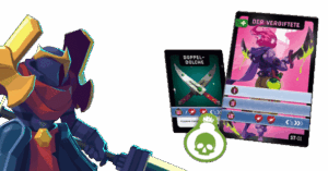 Ein stilisierter Ritter in Rüstung mit rotem Tuch hält ein Schwert. Rechts davon sind zwei Spielkarten sichtbar. Auf der linken Karte sind zwei Dolche abgebildet mit der Aufschrift "Doppel-Dolche". Auf der rechten Karte ist eine Charakterillustration eines Kriegers mit rosa Haaren, giftgrünem Dolch und der Aufschrift "Der Vergiftete". Darunter sind Symbole und Werte. Ein grüner Totenkopf befindet sich am unteren Rand der Karten.