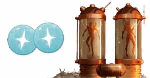 Zwei große, vertikale, metallische Tanks, gefüllt mit Flüssigkeit, jeweils mit einer menschlichen Silhouette innen. Rechts im Vordergrund zwei bläulich schimmernde Kugeln mit weißen Sternen in der Mitte. Unter den Tanks befinden sich metallische Rohrleitungen. Im Hintergrund unscharfe, metallische Gegenstände.