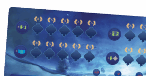 Ein Ausschnitt aus dem zentralen Spielbrett von Aquatica, fokussiert auf den Bereich, in dem die allgemeinen Ziele dargestellt sind. Leere Felder, in denen Rochenfiguren platziert werden können, versprechen Siegpunkte.