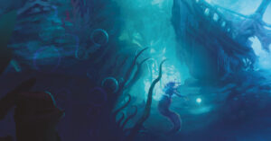 Eine Illustration aus Aquatica, die eine Unterwasserszene zeigt, in der eine Meermensch-Figur in der Ferne ein versunkenes Boot entdeckt.