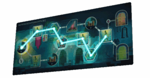 Ein Bildschirmfoto eines Videospiels zeigt eine Karte mit einem neonblauen Pfad, der mehrere mit Symbolen versehene Stationen verbindet. Die Karte hat eine dunkle, mysteriöse Atmosphäre, und die Stationen sind durch Gänge und Türen verbunden. Oberhalb steht "GEFANGENENUNTERKÜNFTE (B1)". Der Hintergrund beinhaltet Architekturdetails wie Bögen und Türen.