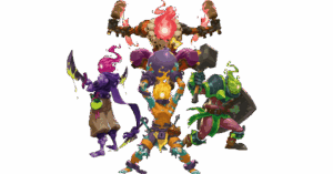 Vier bunte, phantasievolle Kreaturen in Kampfposen. Sie tragen verschiedene Rüstungen und Waffen, die Köpfe bestehen aus farbigen Flammen: eine in Lila mit Schwert, eine in Orange mit erhobenen Fäusten, eine große zentrale Figur in Rot mit Hämmern und eine grün gekleidete Gestalt mit Axt. Die Szene wirkt dynamisch und energisch.