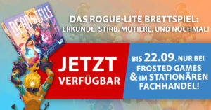 Ein Werbebild für das Dead Cells Rogue-Lite Brettspiel. Links im Bild ist eine Abbildung des Spiels zu sehen, mit einem dynamischen, actionreichen Cover. Rechts davon ist ein Textblock mit folgenden Informationen: "Das Rogue-Lite Brettspiel: Erkunde. Stirb. Mutier. Und nochmal! Jetzt verfügbar bis 22.09. nur bei Frosted Games & im stationären Fachhandel!" Der Hintergrund zeigt einen stilisierten, farbenfrohen Charakter aus dem Spiel.