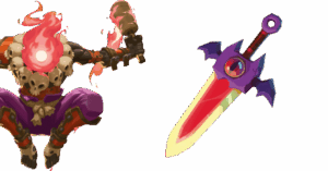 Ein fiktiver Krieger mit einem flammenden Kopf, der eine Rüstung aus Totenschädeln trägt und in einer dynamischen Pose eine brennende Waffe hält. Daneben schwebt ein magisches Schwert mit einem roten, leuchtenden Blatt und einem violetten Griff, das Fledermausflügel als Parierstange hat.