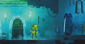 Ein Skelett in gelber Rüstung bewegt sich durch einen düsteren, blau beleuchteten Kerker mit Steinwänden. An den Wänden hängen Fackeln, die den Raum schwach erleuchten. Auf der rechten Seite stehen ein Pokal und ein großer Eisensarg. Im Hintergrund hängt eine leere Käfige. Der Raum hat eine geheimnisvolle, unheimliche Atmosphäre.