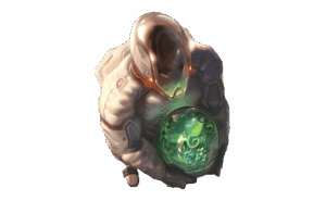 Ein futuristisch aussehender, in einer metallischen Rüstung gekleideter humanoider Roboter hält eine schimmernde, grünliche Kugel in den Händen. Die Kugel enthält organische, pflanzenähnliche Muster, die ein mystisches Leuchten ausstrahlen. Der Hintergrund ist weiß und hebt die Figur hervor.