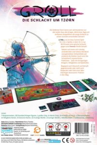 Das Bild zeigt die Rückseite einer Spieleverpackung des Spiels "Groll: Die Schlacht um Tzorn". Oben links ist eine künstlerische Darstellung eines Kriegers mit Bogen in kühlen Farben, die auf einen Hintergrund aus rosa und violett gemaltem Pinselstrich steht. Rechts daneben steht der Titel des Spiels in großen Buchstaben. Darunter befindet sich eine ausführliche Beschreibung des Spiels als strategisches Area-Control-Spiel für 1 bis 5 Spieler, das etwa 90 Minuten dauert. Am unteren Bildrand sind mehrere Spielbretter und Spielkomponenten abgebildet, darunter Karten, Chips und Spielfiguren in leuchtenden Farben. Unten links sind die Inhalte der Verpackung aufgelistet. In der rechten unteren Ecke befinden sich Logos der beteiligten Firmen und Verlage sowie Hinweise zur Altersfreigabe und Spieldauer.