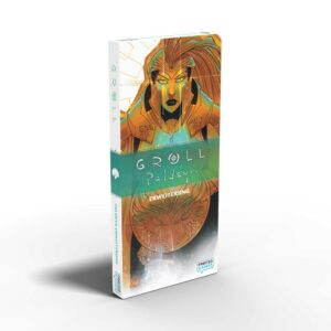 Ein rechteckiges Spielekarton mit der Aufschrift „Groll: Paladyn“ und „Erweiterung“. Auf dem Cover ist eine stilisierte, mystische Figur mit goldener Rüstung und einem intensiven Blick abgebildet. Die Illustration wirkt kraftvoll und dynamisch. Der Hintergrund ist in warmen Tönen gestaltet. Unten rechts ist das Logo von „Frosted Games“ sichtbar.