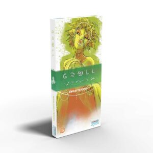 Eine stehende Schachtel mit dem Titel "Groll" oben und "Venna Erweiterung" in der Mitte. Das Cover zeigt eine gezeichnete, fantasievolle Figur mit grünen Tönen, deren Kopf seitlich geneigt ist. Der Hintergrund ist in grün-weiß mit einem abstrakten, kreativen Design gehalten. Unten rechts ist das Logo von Frosted Games zu sehen.