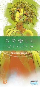Illustration einer fantasievollen Figur mit gelber Haut und spitzen Ohren, die lächelnd in die Kamera blickt. Vor ihr sind grafische Elemente, darunter ein stilisierter Totenkopf. Der Hintergrund ist grün und weiß gesprenkelt. In der Mitte des Bildes steht der Schriftzug "Groll Venen" und darunter "Erweiterung" in klaren, weißen Buchstaben. Unten rechts ist das Logo von "Frosted Games" zu sehen.