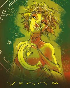 Illustration einer fantasievollen Figur mit spitzen Ohren und lockigem Haar, die ein gelbes, leuchtendes Gewand trägt. Die Figur hält eine halbmondförmige Sichel und um sie herum schweben mystische Symbole und Zeichen. Der Hintergrund ist in Grün- und Gelbtönen gestaltet.