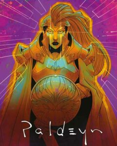 Illustration einer majestätischen, weiblichen Kriegerin in goldener Rüstung. Sie trägt einen komplex verzierten Helm und hält einen runden Schild mit einem Löwenkopf-Emblem. Ihr Gesichtsausdruck ist selbstbewusst. Der Hintergrund ist lebendig violett mit Strahlen, die von der Figur ausstrahlen. Unten ist in stilisierter Schrift das Wort "Paldeyn" geschrieben.