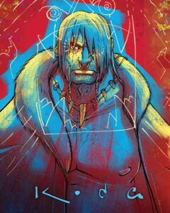 Künstlerische Illustration eines muskulösen Mannes mit langem, unordentlichem Haar und einem finsteren Blick. Er trägt einen Umhang mit Pelzkragen und eine Halskette aus Krallen. Im Hintergrund sind leuchtende, abstrakte Formen in Blau und Rot zu sehen, die dem Bild eine dynamische und mystische Atmosphäre verleihen. Vor dem Mann sind kryptische Symbole und Linien gezeichnet.