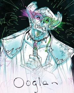Eine Illustration eines Skelettkriegers mit leuchtenden Augen und offenen Mund, der ein verziertes Schwert vor sich hält. Der Krieger trägt eine detailreiche Rüstung und einen Umhang. Farbige Lichteffekte umgeben seinen Kopf und es sind schemenhafte Hände im Hintergrund zu sehen. Unten im Bild steht der Schriftzug „Ooglen“.