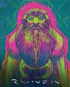 Ein farbenfrohes, digital gezeichnetes Bild einer mythologischen Figur mit einem langen, detailliert illustrierten Bart und Helm. Die Figur ist in lebendigen Neonfarben wie Pink, Grün und Blau gehalten. Der Hintergrund strahlt in einem hellen Magenta, was die Figur hervorhebt. Am unteren Rand steht in stilisierten Buchstaben "RUNEIN".