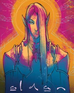 Illustration eines androgynen, elfischen Wesens mit langen Haaren, das in die Kamera blickt. Es trägt eine detaillierte Rüstung. Der Hintergrund ist in leuchtenden Rosa- und Orange-Tönen gehalten und zeigt geometrische Muster. Unten ist in stilisierter Schrift das Wort "elan" zu sehen.